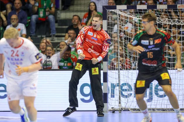 09.09.2026, xtgx, Handball Champions LegaueL, SC Magdeburg - Kolstad Handbold emspor, v.l. Dominik Kuzmanovic (Magdeburg, 1) Jubelt ueber gehaltenen Ball, abgewehrt, gehalten, Torhueter Magdeburg