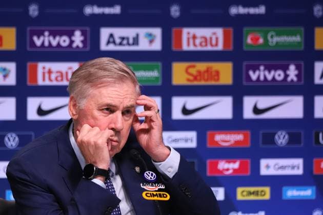 Brazilian national team, Nationalteam squad announcement for friendlies against Australia and India. Carlo Ancelotti, coach of the men s national football team, during the announcement of the squad for the friendlies against Australia and India, at the headquarters of the Brazilian Football Confederation - CBF, in Barra da Tijuca, west side of the city, this Wednesday, the 9th. Rio de Janeiro Tijuca Bar Rio de Janeiro Brasil Copyright: xCharlesxShollx