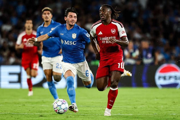 Billy Gilmour of SSC Napoli and Eberechi Eze of Arsenal during the UEFA Champions League 2026 2027 football match between SSC Napoli and Arsenal FC at Diego Armando Maradona stadium in Naples, (Italy), September 9, 2026. cesarexpurini