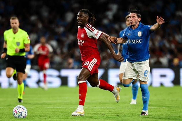 Billy Gilmour of SSC Napoli and Eberechi Eze of Arsenal during the UEFA Champions League 2026 2027 football match between SSC Napoli and Arsenal FC at Diego Armando Maradona stadium in Naples, (Italy), September 9, 2026. cesarexpurini