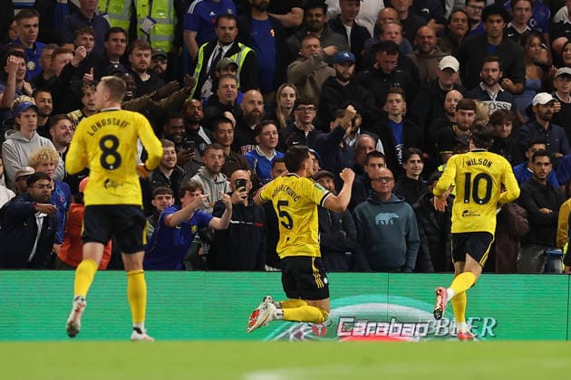 9th September 2026; Stamford Bridge, Chelsea, London, England: Carabao Cup Football, Chelsea versus Leeds United; Tarik Muharemovic of Leeds United celebrates his goal in the 24th minute for 0-1 KatiexChan