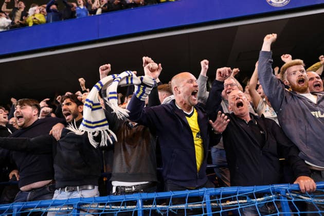 Chelsea v Leeds United 09 September 2026, London - Carabao Cup - Third Round - Chelsea v Leeds United - Leeds fans celebrate their first goal - Photo: Jacques Feeney Offside. London UK Copyright: xJacquesxFeeneyx xOffsidexOffside