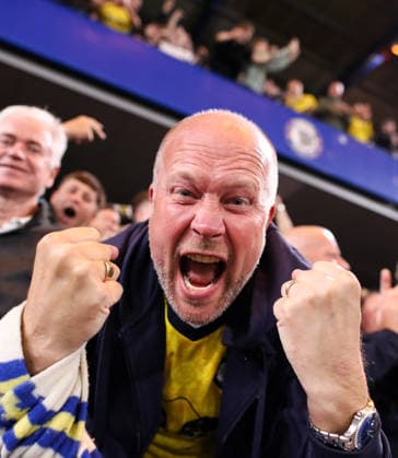 Chelsea v Leeds United 09 September 2026, London - Carabao Cup - Third Round - Chelsea v Leeds United - Leeds fans celebrate their first goal - Photo: Jacques Feeney Offside. London UK Copyright: xJacquesxFeeneyx xOffsidexOffside