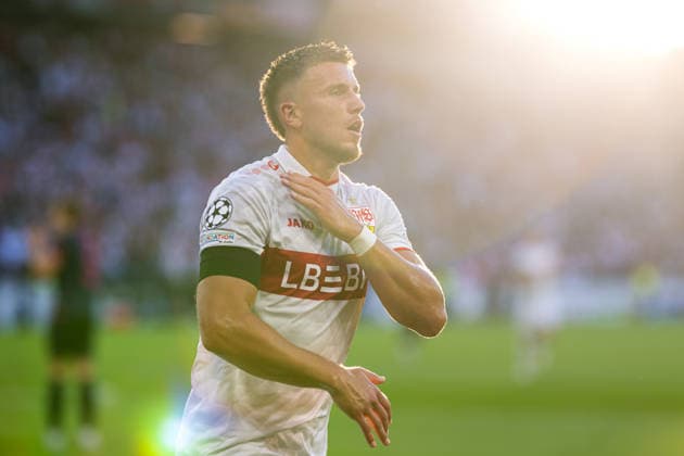 260909 Ermedin Demirovic of Stuttgart celebrates after scoring the 1-0 goal during the UEFA Champions League football match between VfB Stuttgart and Viking on September 9, 2026 in Stuttgart. Photo: Marius Simensen BILDBYRAN COP 238 MM0072 bbeng football fotball fotboll jubel mesterligaen soccer uefa champions league vfb stuttgart viking Copyright: MARIUSxSIMENSEN BB260909ZB010