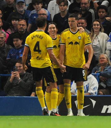 Football - 2026 2027 Carabao EFL (League) Cup - Third Round: Chelsea vs. Leeds United - Stamford Bridge - Wednesday 9th September 2026 Tarik Muharemovic of Leeds celebrates his first half goal 