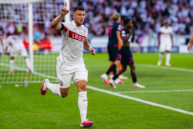 260909 Ermedin Demirovic of Stuttgart celebrates after scoring the 1-0 goal during the UEFA Champions League football match between VfB Stuttgart and Viking on September 9, 2026 in Stuttgart. Photo: Marius Simensen BILDBYRAN COP 238 MM0072 bbeng football fotball fotboll jubel mesterligaen soccer uefa champions league vfb stuttgart viking Copyright: MARIUSxSIMENSEN BB260909ZG014