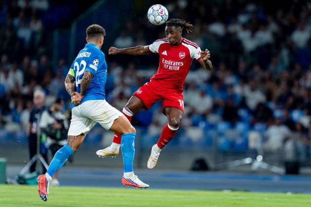 SSC Napoli v Arsenal FC - UEFA Champions League 2026 27 Phase MD1 Giovanni Di Lorenzo of SSC Napoli and Eberechi Eze of Arsenal FC compete for the ball during the UEFA Champions League 2026 27 League Phase MD1 match between SSC Napoli and Arsenal FC at Diego Armando Maradona Stadium on September 09, 2026 in Naples, Italy Naples Stadio Diego Armando Maradona Campania Italy Copyright: xGiuseppexMaffiax 20260909_212332_UCL_Napoli-Arsenal_LIA03549