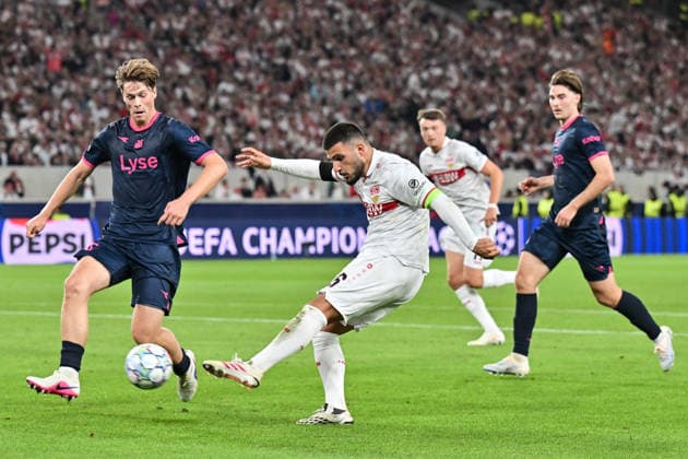 STUTTGART, GERMANY; 09. SEPTEMBER: tackle between Ola VISTED (Viking FK 15) and Deniz UNDAV (VfB Stuttgart 26) during the Champions League Match between VfB Stuttgart vs. Viking FK at Matchday 1 at MHP-Arena Copyright: xBEAUTIFULxSPORTS Goldbergx