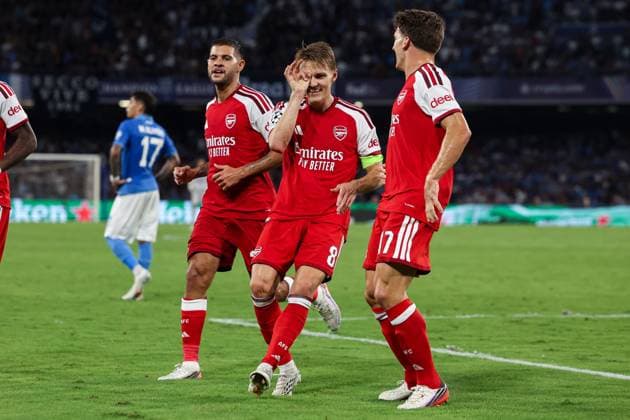 Martin odegaard of Arsenal celebrates his goal Napoli v Arsenal, UEFA Champions League, League Stage, Football, Stadio Diego Armando Maradona, Naples, Italy - 09 Sep 2026Naples Stadio Diego Armando Maradona Italy  Copyright: xMarcoxIacobucci Shutterstockx 17140214hb