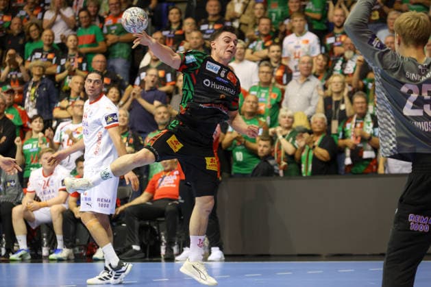 09.09.2026, xtgx, Handball Champions LegaueL, SC Magdeburg - Kolstad Handbold emspor, v.l. Tim Thielecke (Magdeburg, 8) wirft Tor, Torschuetze, erzielt Tor, Treffer, scores the goal Magdeburg