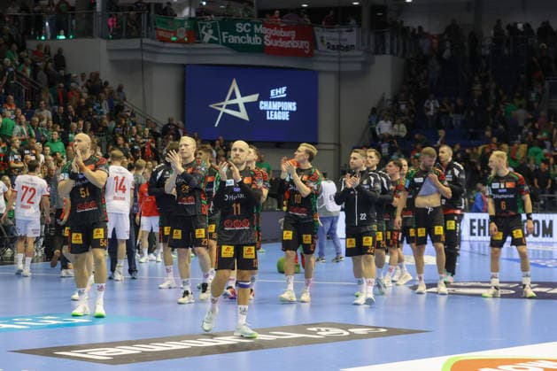 09.09.2026, xtgx, Handball Champions LegaueL, SC Magdeburg - Kolstad Handbold emspor, v.l. Magdeburg Jubel ueber den Sieg, Jubel nach Spielende Magdeburg