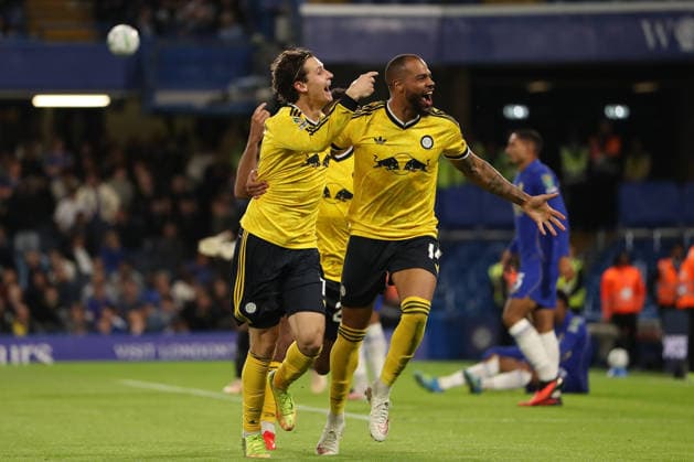 9th September 2026; Stamford Bridge, Chelsea, London, England: Carabao Cup Football, Chelsea versus Leeds United; Brenden Aaronson of Leeds United celebrates his goal in the 48th minute for 0-2 KatiexChan