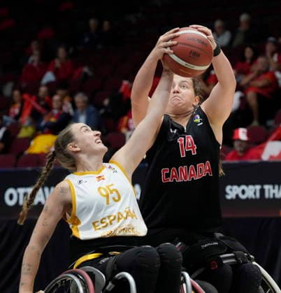 September 9, 2026, Ottawa, On, Canada: Canada s Elise Froese (14) battles with Spain s Lucia Ramo Alameda (95) during first half IWBF Wheelchair Basketball World Championships group stage action in Ottawa, Wednesday Sept. 9, 2026. Canada News - September 9, 2026  - ZUMAc35_ 20260909_zaf_c35_058 Copyright: xAdrianxWyldx