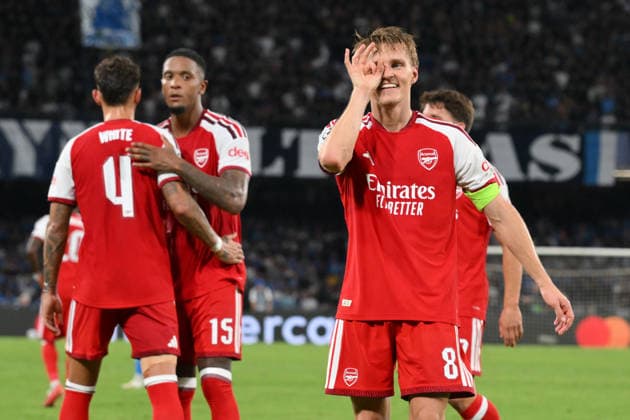 RECORD DATE NOT STATED 9th September 2026; Stadio Diego Armando Maradona, Naples, Italy; Champions League Football; Napoli versus Arsenal; Martin Odegaard of Arsenal celebrates after scoring goal in the 75th minute for 0-1 AllShotLive