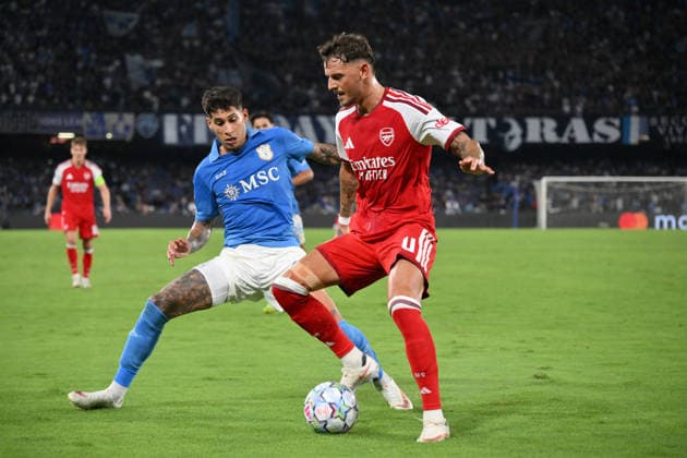 RECORD DATE NOT STATED 9th September 2026; Stadio Diego Armando Maradona, Naples, Italy; Champions League Football; Napoli versus Arsenal; Ben White of Arsenal under pressure from Mathias Olivera of Napoli AllShotLive