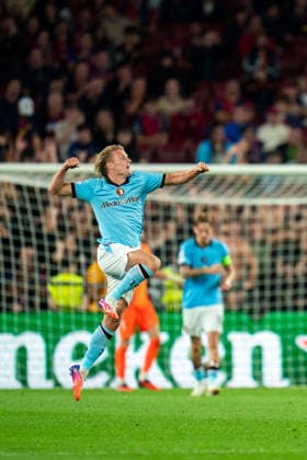 Spain-Football-UEFA Champions League FC Barcelona, Barca v Feyenoord in Barcelona, Spain. Feyenoord Rotterdam player Sem Steijn (14) celebrates his score during UEFA Champions League match between FC Barcelona and Feyenoord in Spotify Camp Nou Stadium, Barcelona, Spain, on September 9, 2026. Barcelona Spotify Camp Nou Stadium Barcelona Spain