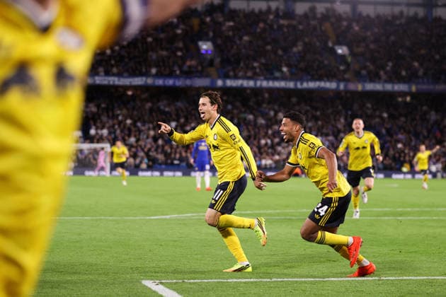 Chelsea v Leeds United 09 September 2026, London - Carabao Cup - Third Round - Chelsea v Leeds United - Brendan Aaronson of Leeds United celebrates their second goal - Photo: Jacques Feeney Offside. London UK Copyright: xJacquesxFeeneyx xOffsidexOffside