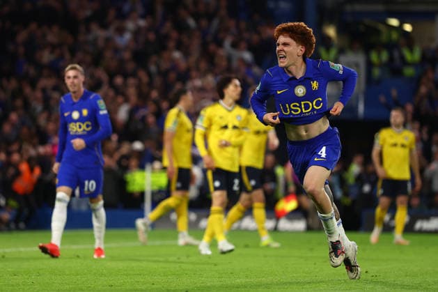 London, England, 9th September 2026. Valentin Barco of Chelsea celebrates after scoring to make it 5-3 during the Chelsea vs Leeds United Carabao Cup match at Stamford Bridge, London. Picture credit should read: Paul Terry Sportimage EDITORIAL USE ONLY. No use with unauthorised audio, video, data, fixture lists, club league logos or live services. Online in-match use limited to 120 images, no video emulation. No use in betting, games or single club league player publications. SPI_073_PT_Chelsea_Leeds SPI-4983-0073