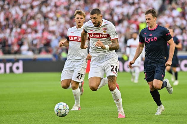 STUTTGART, GERMANY; 09. SEPTEMBER: tackle between Jeff CHABOT (VfB Stuttgart 24) and Peter CHRISTIANSEN (Viking FK 20) during the Champions League Match between VfB Stuttgart vs. Viking FK at Matchday 1 at MHP-Arena Copyright: xBEAUTIFULxSPORTS Goldbergx