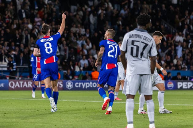 Fabian Ruiz of PSG and Lucas Hernandez of PSG during UEFA Champions league League phase game between teams PSG and SK Slovan Bratislava (Dominika Kortvelyesiova Ball Raw Images) Paris Parc des Princes France Copyright: xDominikaxKortvelyesiovax DKR_9384