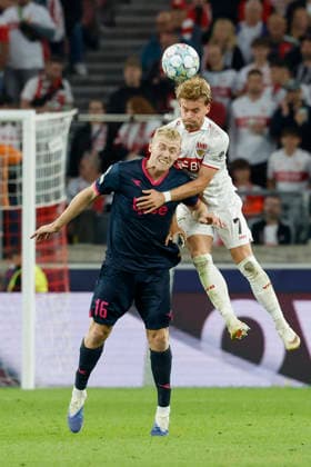 v.l.n.r.: Henrik Bjordal (Viking) und Maximilian Mittelstädt (VfB Stuttgart), im UEFA-Champions-League-Spiel zwischen dem VfB Stuttgart und Viking FK in der MHP Arena, Stuttgart, Deutschland, am 9. September 2026.d in action during the UEFA Champions League match between VfB Stuttgart and Viking FK at the MHP Arena, Stuttgart, Germany, on September 9, 2026. Copyright: HMBxMedia xHeikoxBecker
