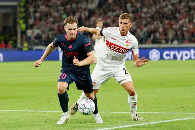 v.l.n.r.: Peter Christiansen (Viking) und Grischa Prömel (VfB Stuttgart), im UEFA-Champions-League-Spiel zwischen dem VfB Stuttgart und Viking FK in der MHP Arena, Stuttgart, Deutschland, am 9. September 2026.d in action during the UEFA Champions League match between VfB Stuttgart and Viking FK at the MHP Arena, Stuttgart, Germany, on September 9, 2026. Copyright: HMBxMedia xHeikoxBecker