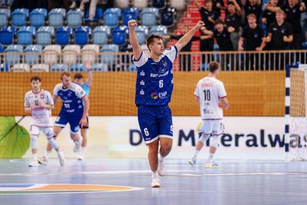 2. Handball-Bundesliga - 2. Spieltag: 1. VfL Potsdam - TV 05 07 Hüttenberg Davide Bulzamini (1. VfL Potsdam, 8) jubelt nach dem Tor am 09.09.2026 in der MBS Arena, Potsdam (Brandenburg) Potsdam MBS Arena Brandenburg Deutschland