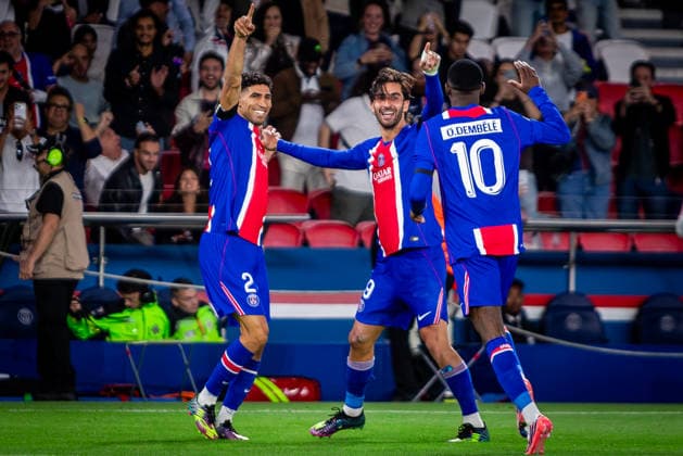 PARIS - SLOVAN BRATISLAVA Achraf Hakimi, Ferran Torres and Ousmane Dembele of PSG celebrate a goal during the matchday 1 of League phase round of UEFA Champions league football match between Paris Saint Germain and SK Slovan Bratislava at Parc des Princes. Paris, France, September 09, 2026. Copyright: xx _BRR8473