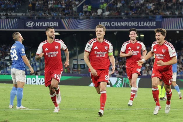 CL SSC Napoli cl SSC Napoli vs Arsenal Arsenal s Norwegian midfielder Martin Odegaard celebrates after scoring a goal of 0-1 during Champions League football match SSC Napoli vs Arsenal at the Diego Armando Maradona stadium in Napoli September 09, 2026. ABP12887 Copyright: xAntonioxBalascox