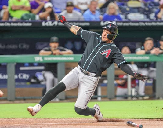 SEP 9, 2026: Arizona Diamondbacks infielder Ildemaro Vargas (6) slides into home plate but was tagged out by Kansas City Royals catcher Carter Jensen (22) in the 1st inning at Kauffman Stadium Kansas City, MO. CSM Kansas City United States - ZUMAc04_ 20260909_zma_c04_119 Copyright: xRomanxPunox