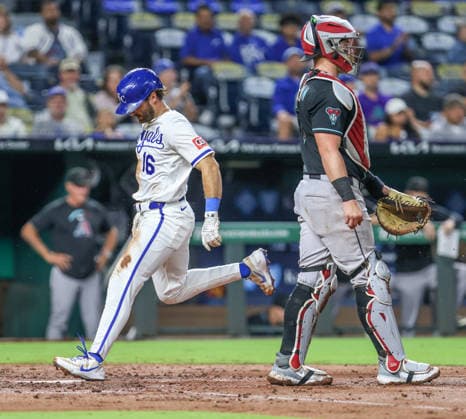SEP 9, 2026: Kansas City Royals outfielder John Rave (16) score on a throwing error by Arizona Diamondbacks catcher James McCann (8) in the 2nd inning against the Diamondbacks at Kauffman Stadium Kansas City, MO. CSM Kansas City United States - ZUMAc04_ 20260909_zma_c04_138 Copyright: xRomanxPunox
