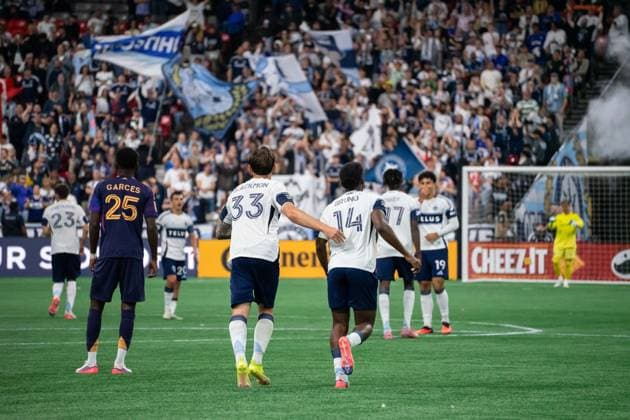 VANCOUVER, CANADA - SEPTEMBER 9: Bruno Caicedo of Vancouver Whitecaps FC celebrates with Tristan Blackmon of Vancouver Whitecaps FC after scoring a penalty goal and fan supporters celebrating in the background during the Major League Soccer match between Vancouver Whitecaps FC and LA Galaxy at BC Place Stadium on September 9, 2026 in Vancouver, British Columbia, Canada. Copyright: xAmyxElle SPPx Sportspressphoto_SPR227585