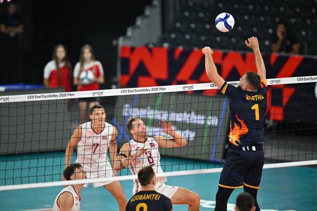 CEV EuroVolley 2026, Romania - Latvia, 09 September 2026 Kristaps Smits plays during the CEV EuroVolley 2026 game between Romania and Latvia, in Cluj Napoca, Romania, 9 September 2026. Copyright: xAlexxNicodimx