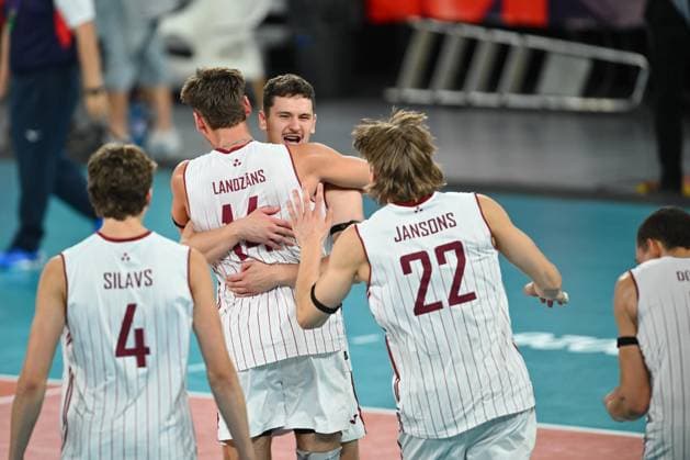 CEV EuroVolley 2026, Romania - Latvia, 09 September 2026 Kristaps Smits, Janis Medenis, eDUARDS dUDENS, Kaspars Kronbergs, Kristers Landzans and Armands Rokjans plays during the CEV EuroVolley 2026 game between Romania and Latvia, in Cluj Napoca, Romania, 9 September 2026. Copyright: xAlexxNicodimx