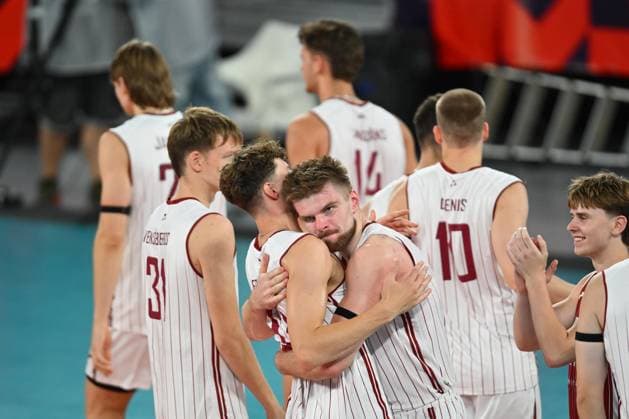 CEV EuroVolley 2026, Romania - Latvia, 09 September 2026 Kristaps Smits, Janis Medenis, eDUARDS dUDENS, Kaspars Kronbergs, Kristers Landzans and Armands Rokjans plays during the CEV EuroVolley 2026 game between Romania and Latvia, in Cluj Napoca, Romania, 9 September 2026. Copyright: xAlexxNicodimx