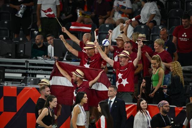 CEV EuroVolley 2026, Romania - Latvia, 09 September 2026 Kristaps Smits, Janis Medenis, eDUARDS dUDENS, Kaspars Kronbergs, Kristers Landzans and Armands Rokjans plays during the CEV EuroVolley 2026 game between Romania and Latvia, in Cluj Napoca, Romania, 9 September 2026. Copyright: xAlexxNicodimx