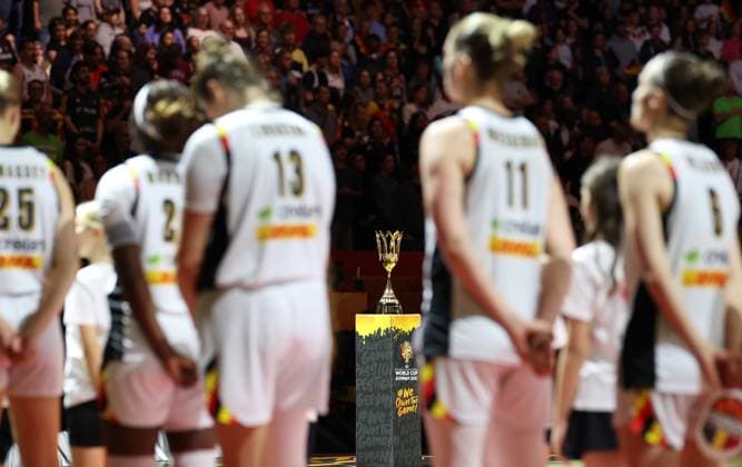 The trophy pictured before a basketball game between Germany and Belgium national team, Nationalteam Belgian Cats, a quarter final game at the FIBA Women s Basketball World Cup, on Thursday 10 September 2026, in Berlin, Germany. The FIBA Women s Basketball World Cup takes place in Berlin from 4 to 13 September 2026. VIRGINIExLEFOUR  x185865818x