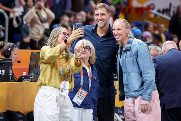 Dirk Nowitzki has his photo taken before the match during the FIBA Women s Basketball World Cup Germany 2026 Quarter-Final match between Belgium and Germany at Berlin Arena on September 10, 2026 in Berlin, Germany. (Photo by Marco Steinbrenner DeFodi Images) -