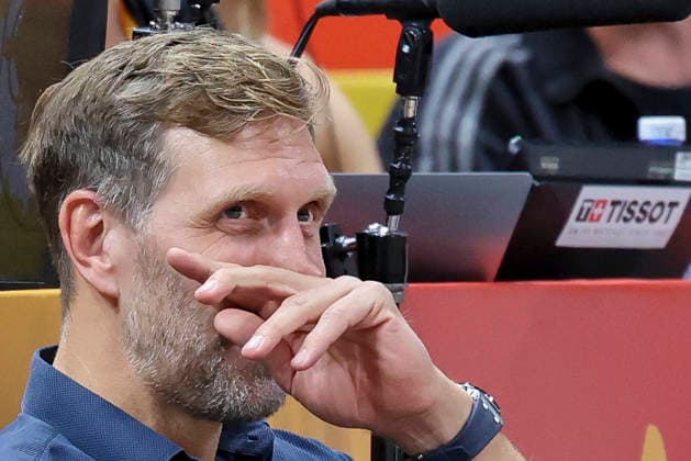 Dirk Nowitzki looks dejected during the FIBA Women s Basketball World Cup Germany 2026 Quarter-Final match between Belgium and Germany at Berlin Arena on September 10, 2026 in Berlin, Germany. (Photo by Marco Steinbrenner DeFodi Images) -