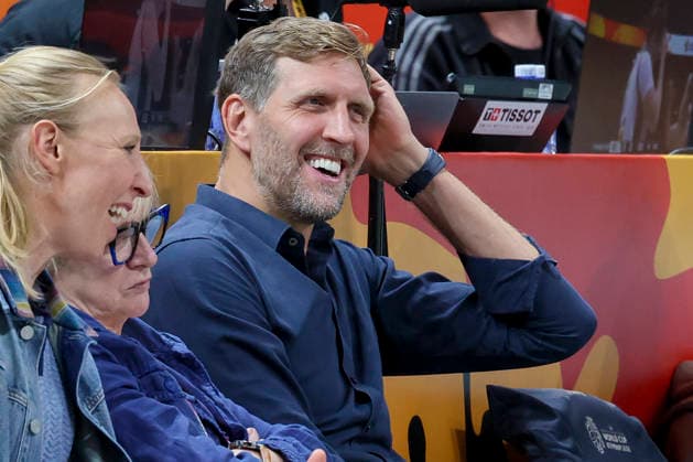 Dirk Nowitzki smiles during the FIBA Women s Basketball World Cup Germany 2026 Quarter-Final match between Belgium and Germany at Berlin Arena on September 10, 2026 in Berlin, Germany. (Photo by Marco Steinbrenner DeFodi Images) -