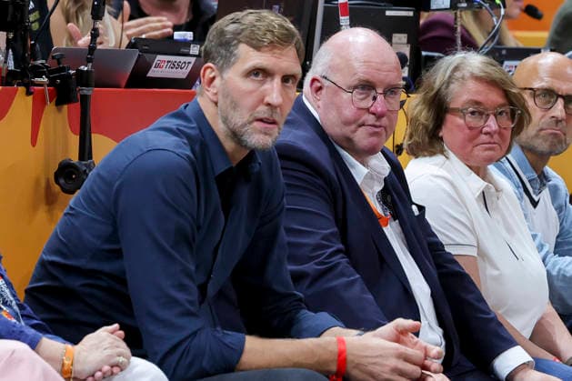 Dirk Nowitzki und Praesident Ingo Weiss (Deutscher Basketball Bund) look dejected during the FIBA Women s Basketball World Cup Germany 2026 Quarter-Final match between Belgium and Germany at Berlin Arena on September 10, 2026 in Berlin, Germany. (Photo by Marco Steinbrenner DeFodi Images) -
