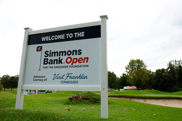 FRANKLIN, TN - SEPTEMBER 10: A welcome sign leading into the Simmons Bank Open for the Snedeker Foundation, September 10, 2026, at Vanderbilt Legends Club in Franklin, Tennessee. (Photo by Matthew Maxey Icon Sportswire) GOLF: SEP 10 Korn Ferry Tour Simmons Bank Open EDITORIAL USE ONLY Icon260910002