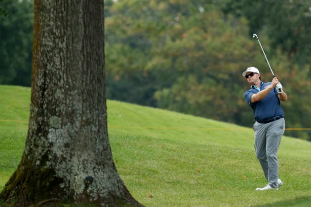 FRANKLIN, TN - SEPTEMBER 10: Harry Higgs hits from the rough behind a tree on No. 14 during the opening round of the Simmons Bank Open for the Snedeker Foundation, September 10, 2026, at Vanderbilt Legends Club in Franklin, Tennessee. (Photo by Matthew Maxey Icon Sportswire) GOLF: SEP 10 Korn Ferry Tour Simmons Bank Open EDITORIAL USE ONLY Icon260910014
