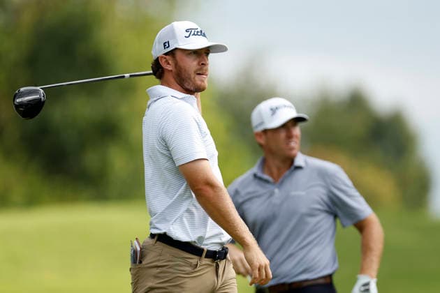 FRANKLIN, TN - SEPTEMBER 10: Ben Carr reacts as he watches his tee shot on No. 18 during the opening round of the Simmons Bank Open for the Snedeker Foundation, September 10, 2026, at Vanderbilt Legends Club in Franklin, Tennessee. (Photo by Matthew Maxey Icon Sportswire) GOLF: SEP 10 Korn Ferry Tour Simmons Bank Open EDITORIAL USE ONLY Icon260910020