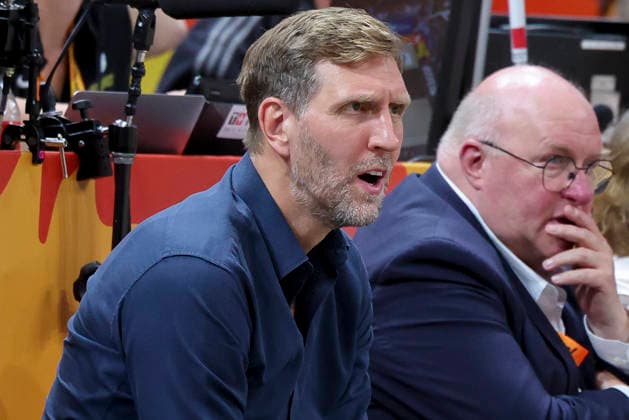Dirk Nowitzki looks dejected during the FIBA Women s Basketball World Cup Germany 2026 Quarter-Final match between Belgium and Germany at Berlin Arena on September 10, 2026 in Berlin, Germany. (Photo by Marco Steinbrenner DeFodi Images) -