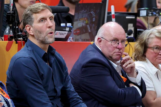 Dirk Nowitzki und Praesident Ingo Weiss (Deutscher Basketball Bund) look dejected during the FIBA Women s Basketball World Cup Germany 2026 Quarter-Final match between Belgium and Germany at Berlin Arena on September 10, 2026 in Berlin, Germany. (Photo by Marco Steinbrenner DeFodi Images) -