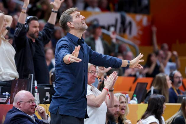 Dirk Nowitzki cheers during the FIBA Women s Basketball World Cup Germany 2026 Quarter-Final match between Belgium and Germany at Berlin Arena on September 10, 2026 in Berlin, Germany. (Photo by Marco Steinbrenner DeFodi Images) -
