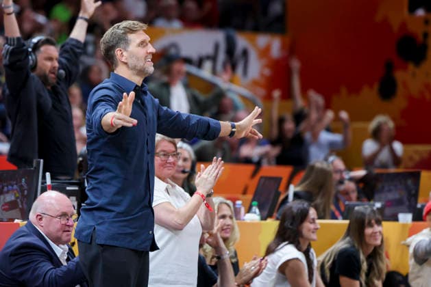 Dirk Nowitzki cheers during the FIBA Women s Basketball World Cup Germany 2026 Quarter-Final match between Belgium and Germany at Berlin Arena on September 10, 2026 in Berlin, Germany. (Photo by Marco Steinbrenner DeFodi Images) -