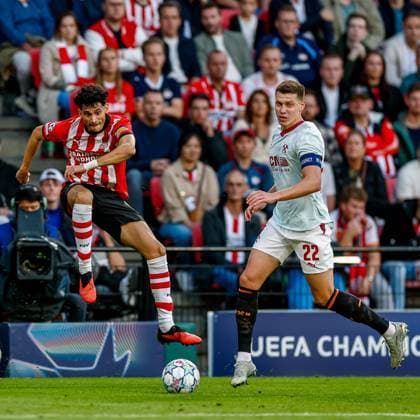 EINDHOVEN , 10-09-2026 , Philips stadium, season 2026 2027 , UEFA Champions League football , match between PSV and Shakhtar Donetsk, picture shows PSV player Ricardo Pepi and Shakhtar Donetsk player Mykola Matvijenko PSV - Shakhtar Donetsk  x206825410x Copyright: