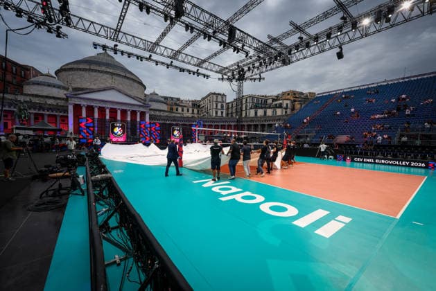 Installation of protective tarpaulins against rain risk during the opening match of the CEV Enel Eurovolley 2026, between Italy and Sweden, Piazza del Plebiscito, Naples, September 10, 2026.  Copyright: xAlessandroxGarofalo LaPressex